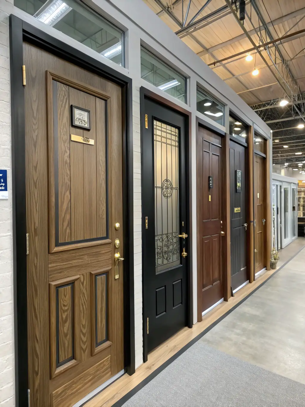 A craftsman-style front door with decorative glass and a dark wood finish, set in a brick facade, creating an inviting entrance.