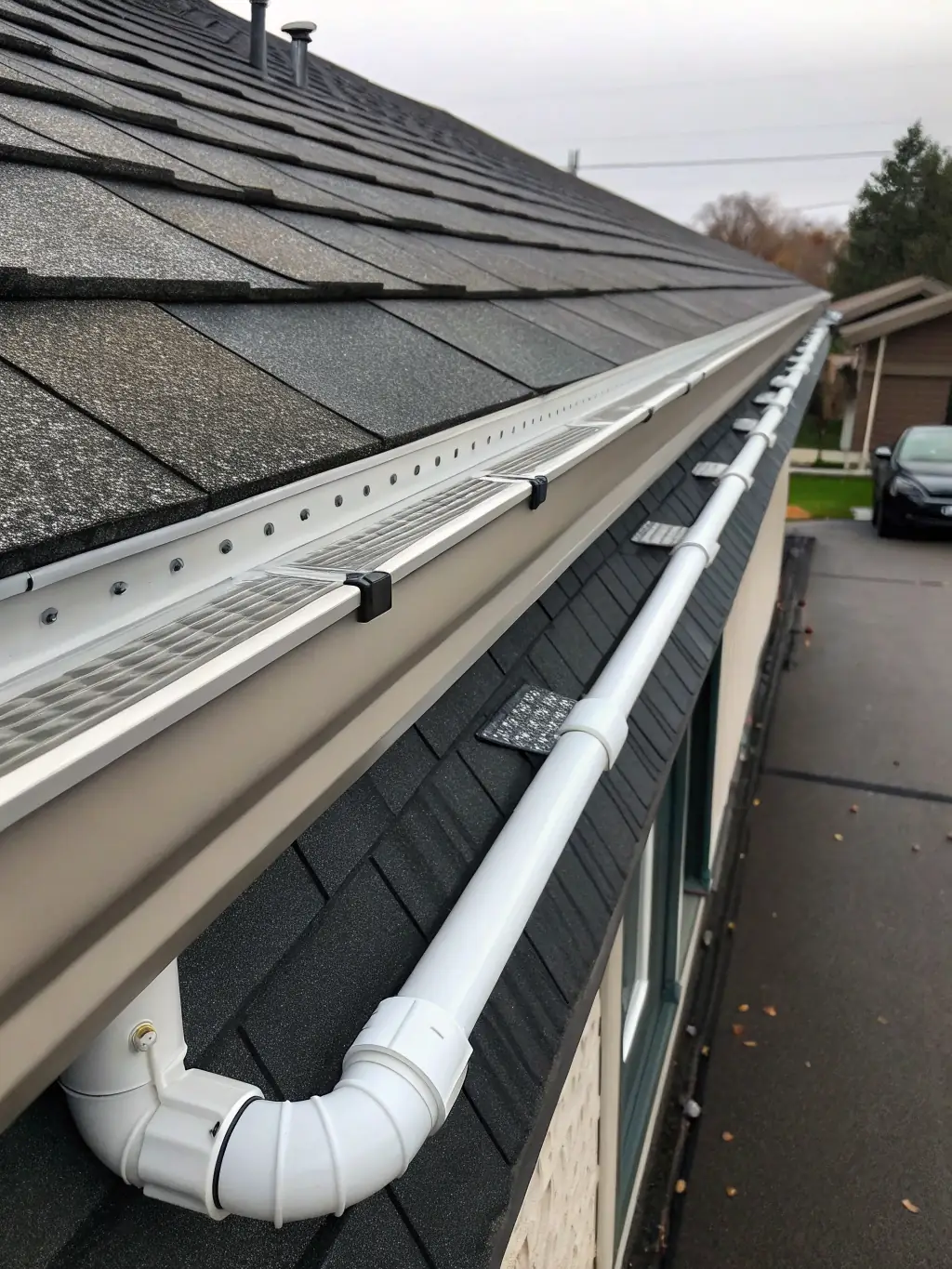 Seamless aluminum gutters installed on a home, effectively channeling water away from the foundation, with visible downspouts.