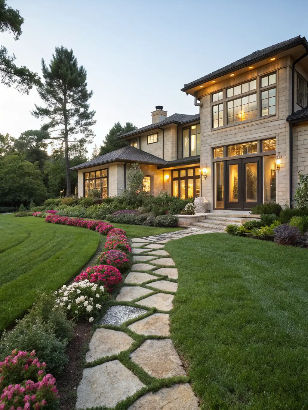A modern home showcasing newly installed vinyl siding in a light gray color, with a manicured lawn and vibrant landscaping, emphasizing curb appeal.