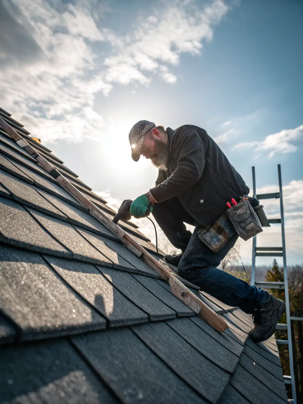 A close-up of a roofer repairing a damaged shingle on a roof, highlighting the attention to detail and quality of the repair work.