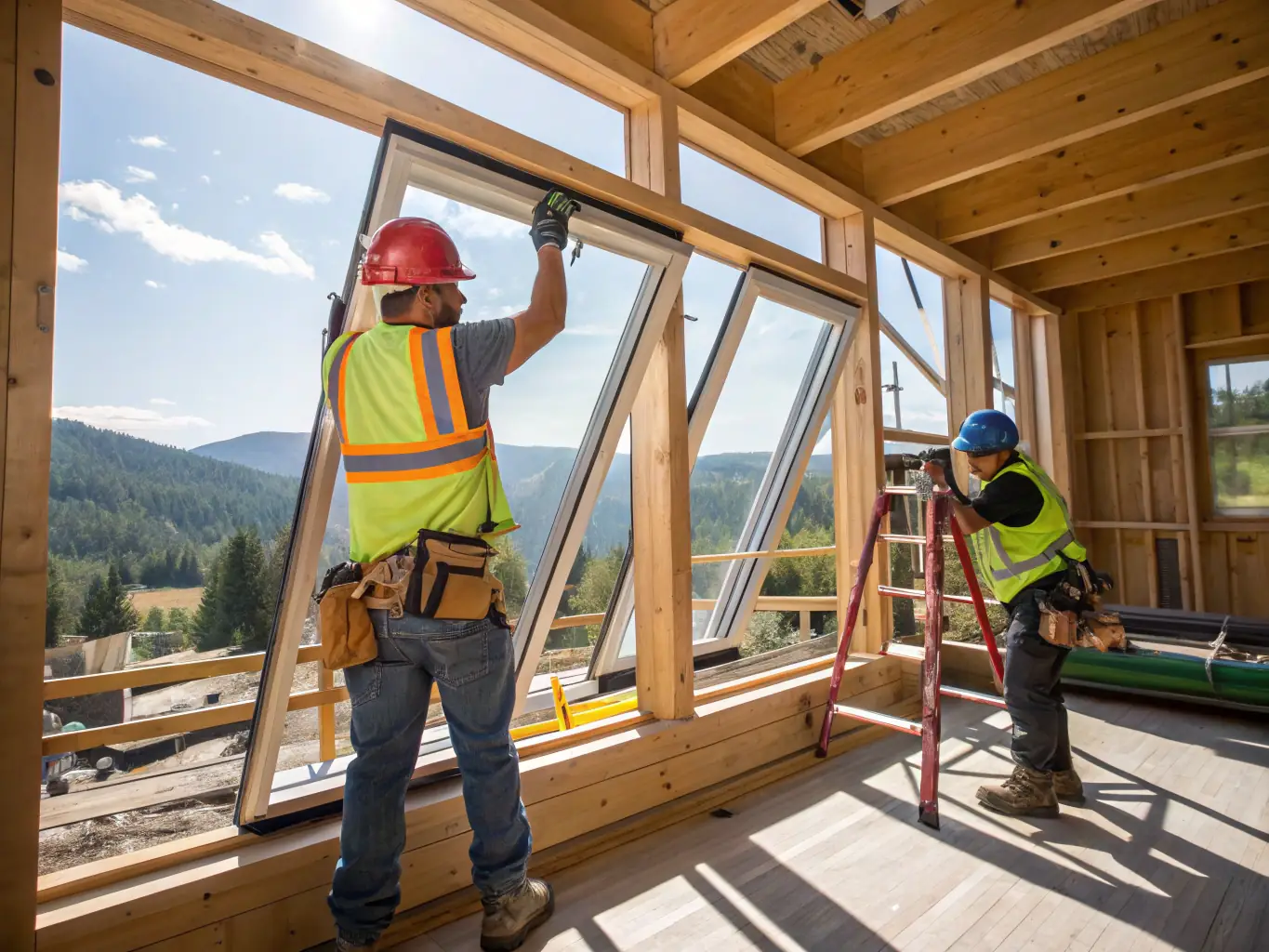 A close-up of energy-efficient windows being installed in a residential home, showcasing the precise fitting and sealing process to ensure optimal insulation and reduce energy costs.