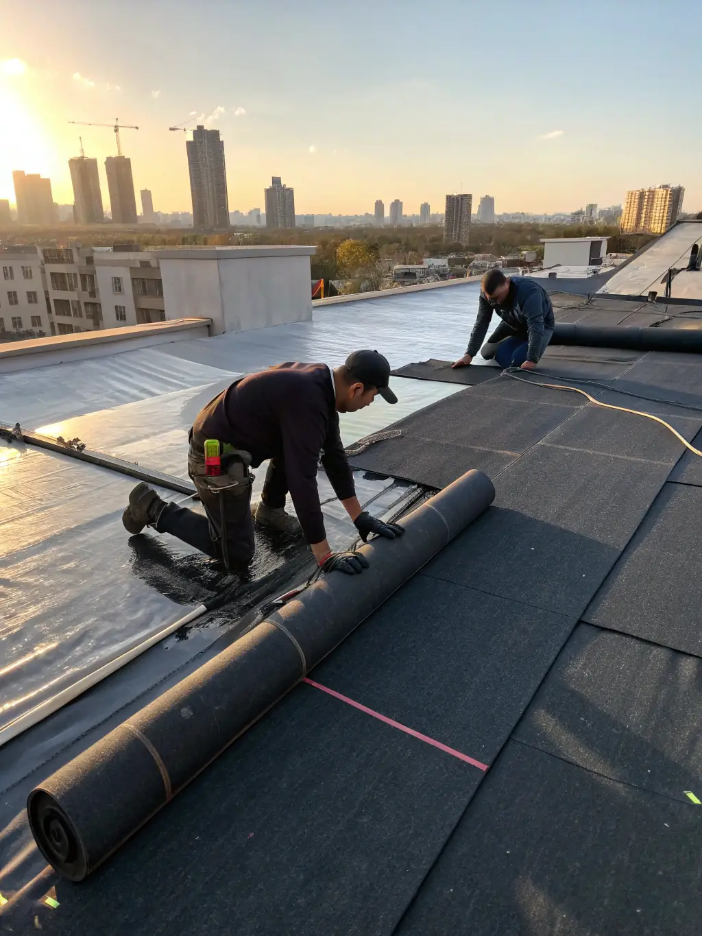 A high-angle shot of a roofing crew installing new asphalt shingles on a residential roof, showcasing their expertise and precision.