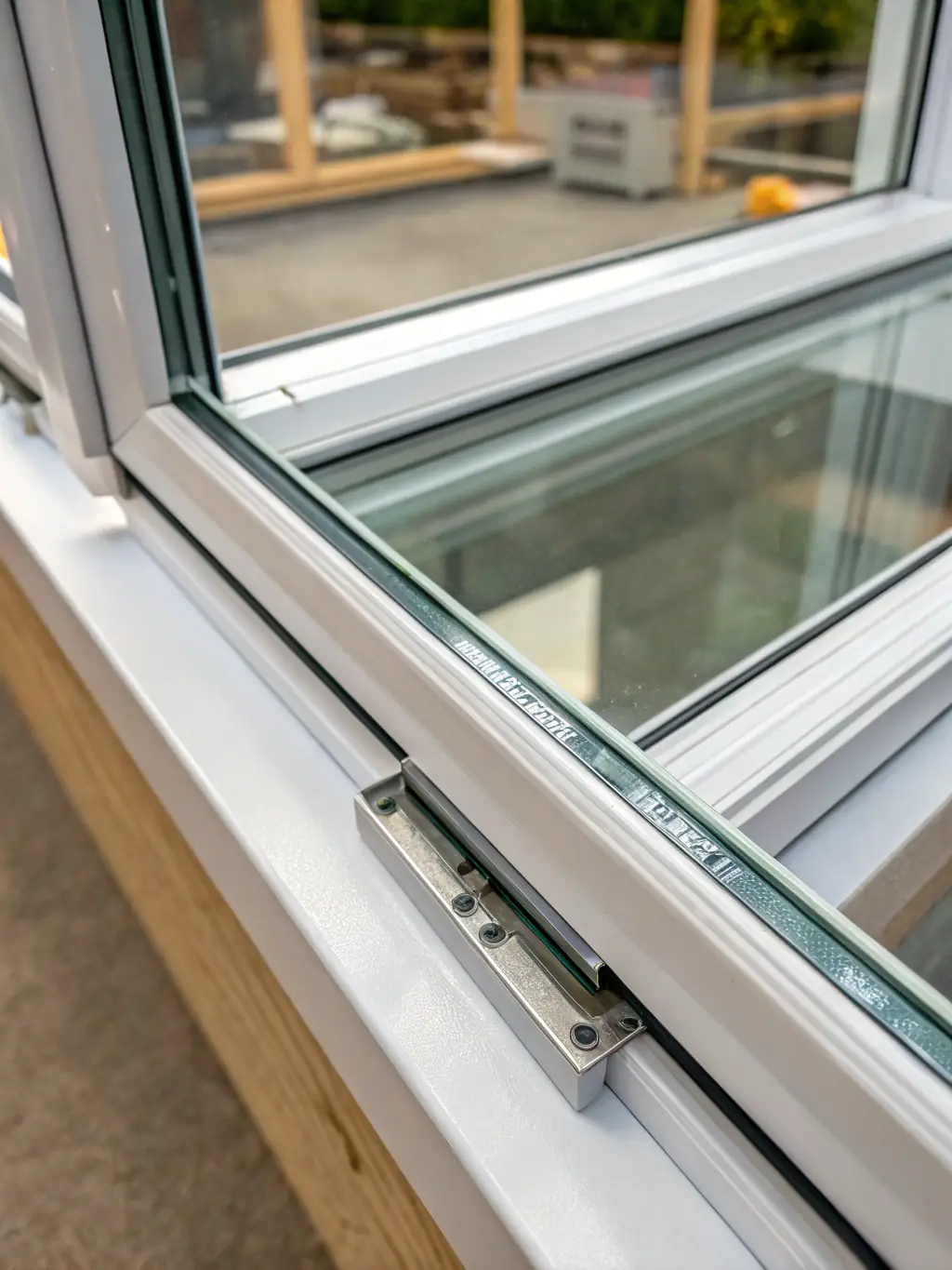 A close-up of energy-efficient windows with a wood frame, highlighting the clarity of the glass and the quality of the installation.
